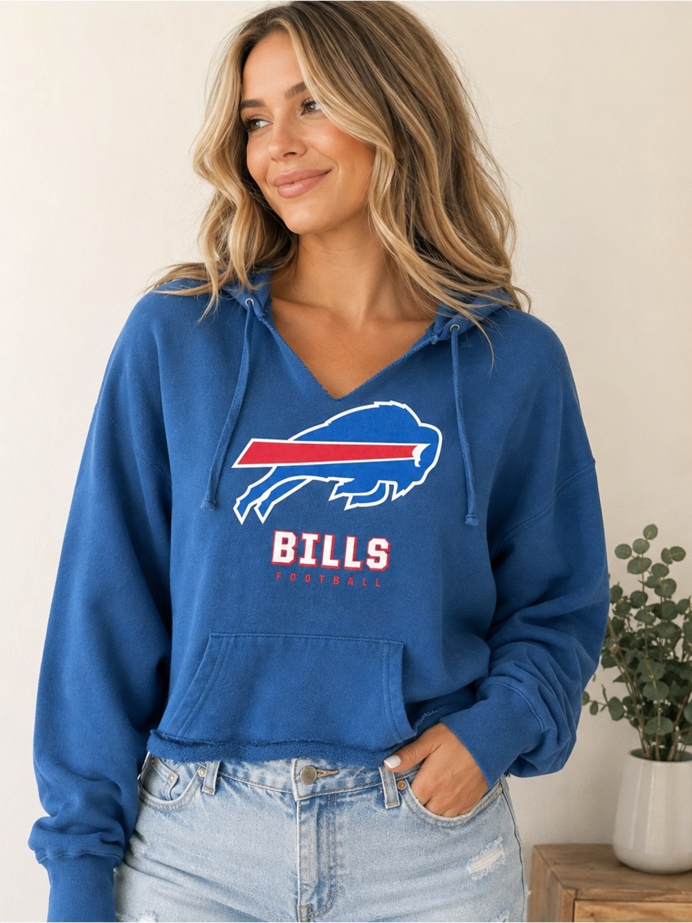 NFL Royal Blue V-Neck Hoodie Sweater with Bills Logo